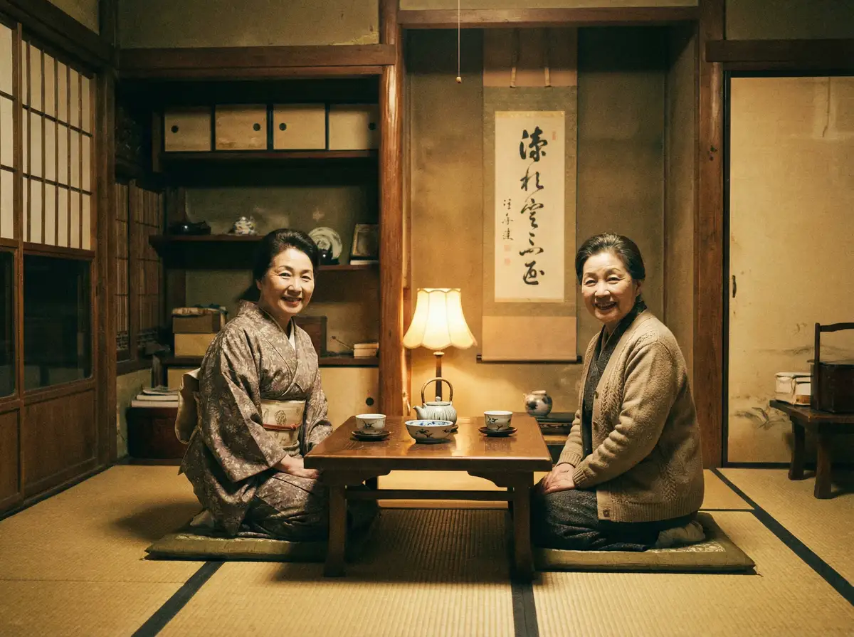 两位优雅的 鉴黄师app安装-专业鉴别平台|最新版免费下载|安全无广告 在日式茶室中品茶交谈